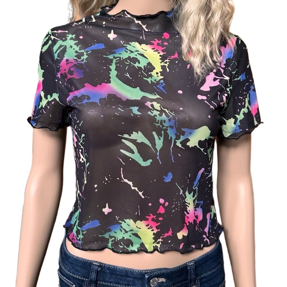 🌸3/$15🌸 Black Colorful Neon Splatter Crop Top Sheer Mesh Mock Neck Y2K Ruffle S